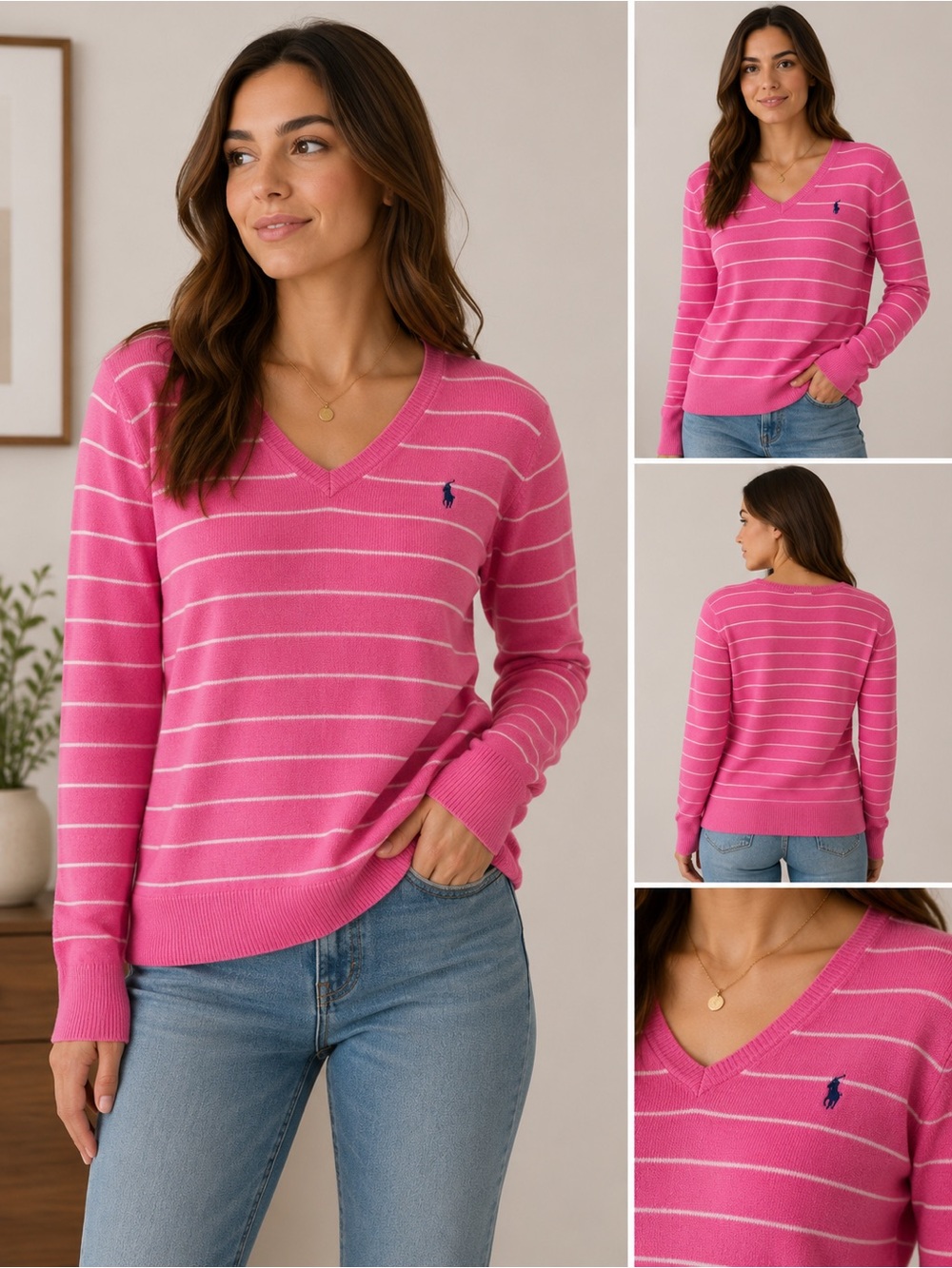 Polo Ralph Lauren Pink Striped V-Neck Sweater | Preppy Coastal
